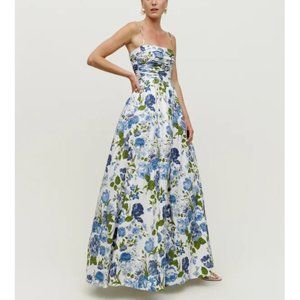 NWOT Reformation Kastoria Dress in Lucca White Blue Print Maxi Pleated Wedding